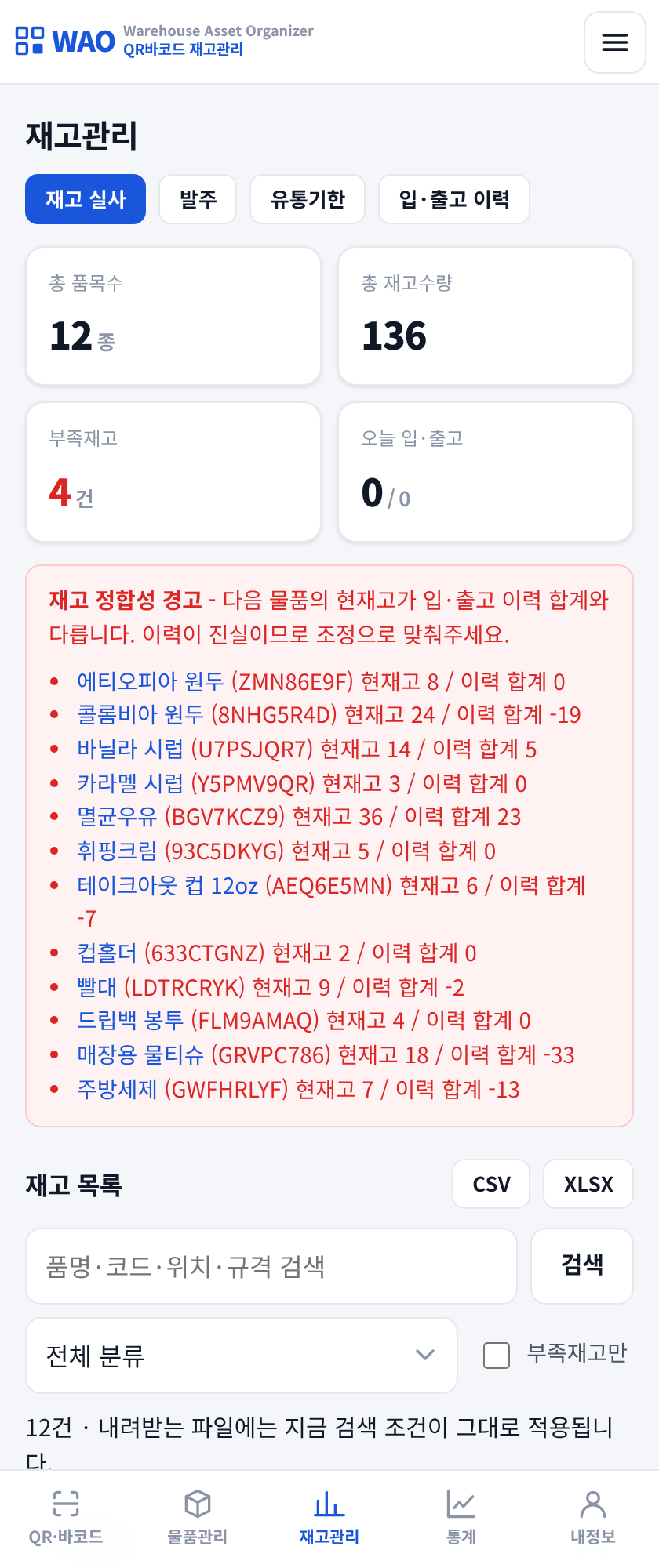 카페 재고실사 - 현재고와 부족 품목을 한눈에 보는 재고관리 화면